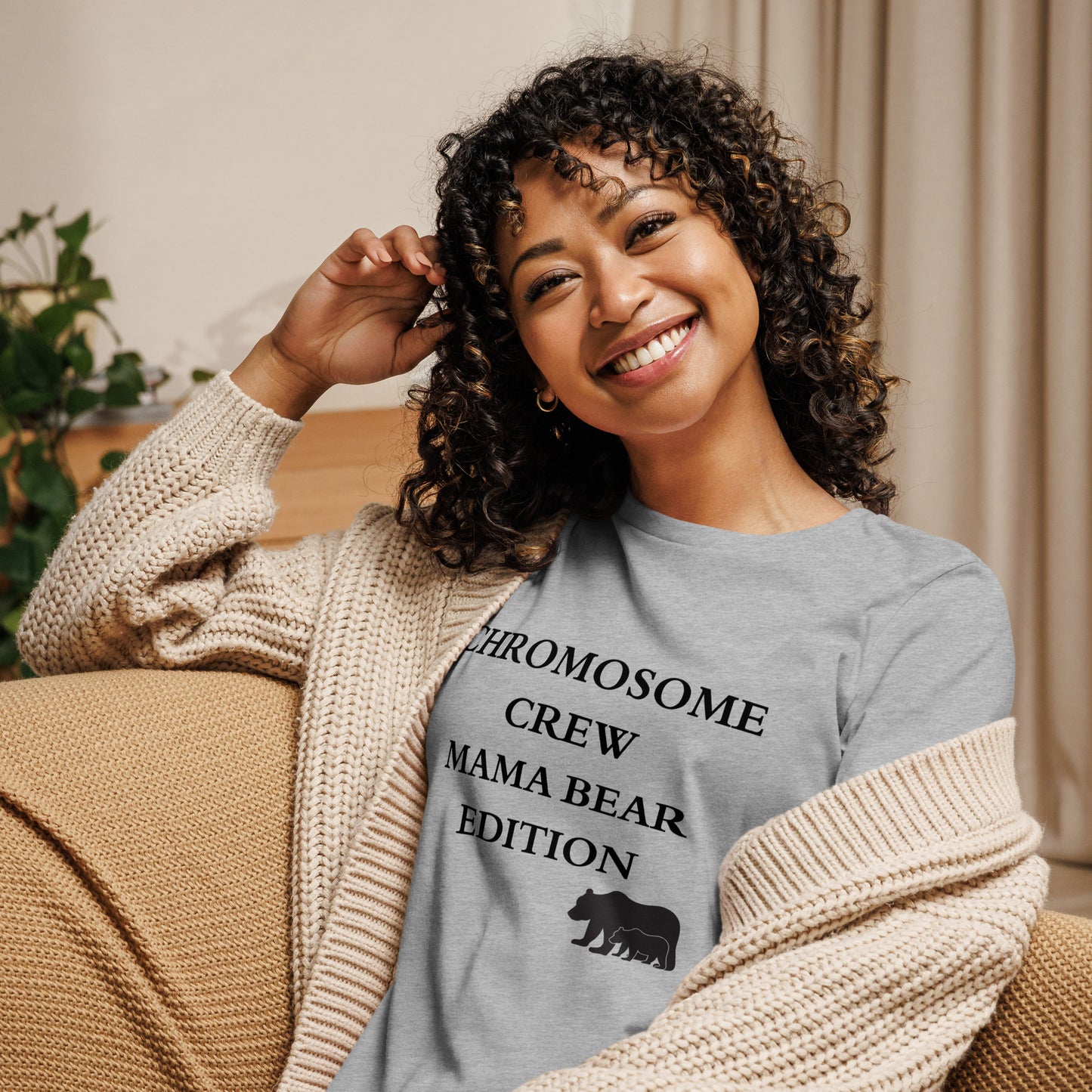 Graphic tee with "Chromosome Crew Mama Bear Edition" text celebrating Down Syndrome advocacy.