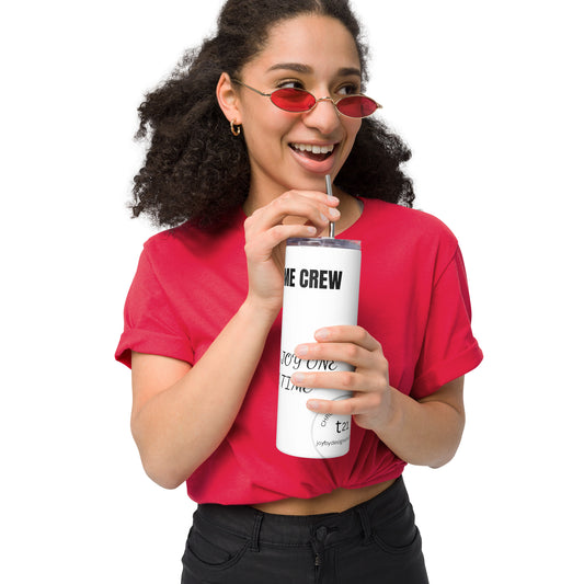 White travel tumbler with straw, featuring bold Chromosome Crew wrap and bold T21 graphic. Celebrate Down Syndrome 