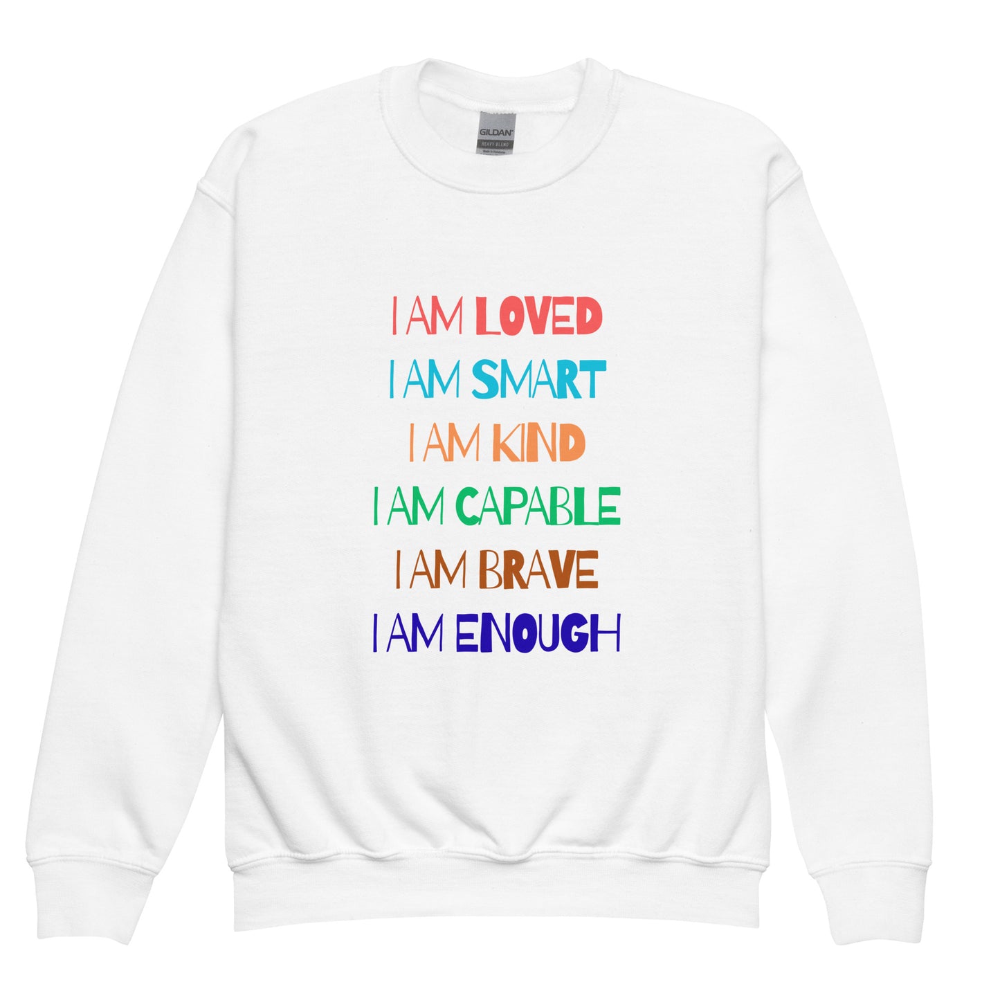 White graphic youth sweatshirt with uplifting words celebrating inclusion, special needs, and positive community support.